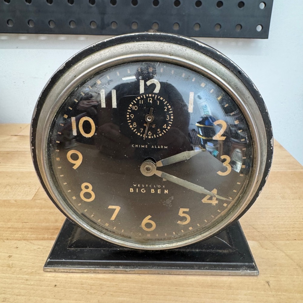 Vintage Westclox Big Ben Chime Alarm Clock Art Deco Black Metal Wind Up USA